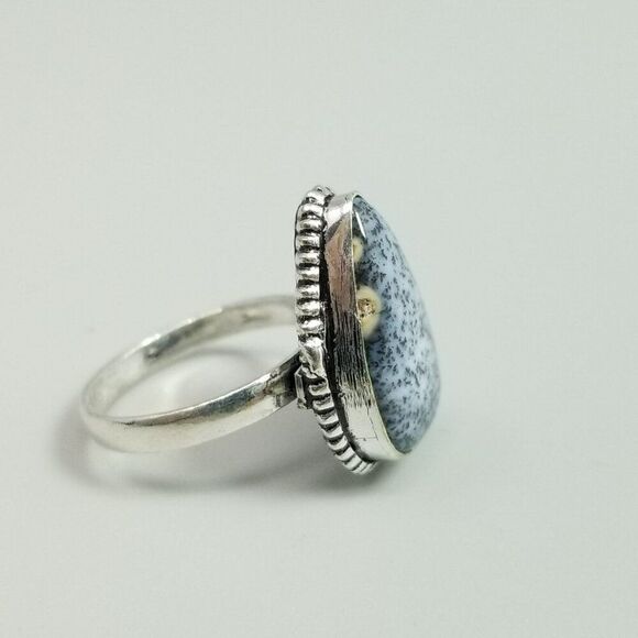 Vintage Blue Speckled Drop Shape Ring, Silver Tone Bezel Set Size 9 Band - Picture 7 of 8